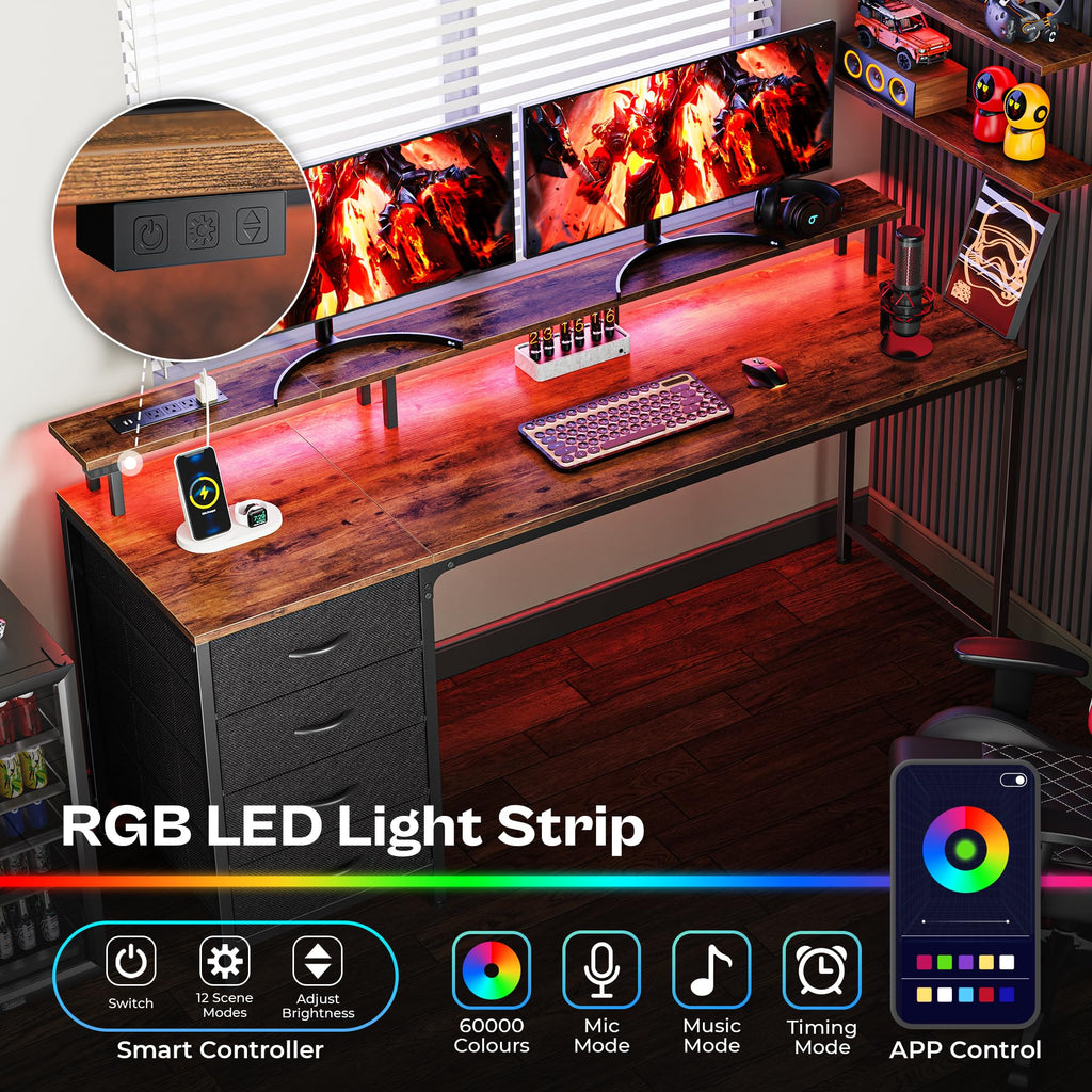 Huuger 47 Inch Computer Desk with Power Outlets and LED Lights, Gaming Desk with 4 Drawers, Office Desk with Monitor Stand, Study Work Home Office, Small Spaces, Black - Flex Gamingproduct_type