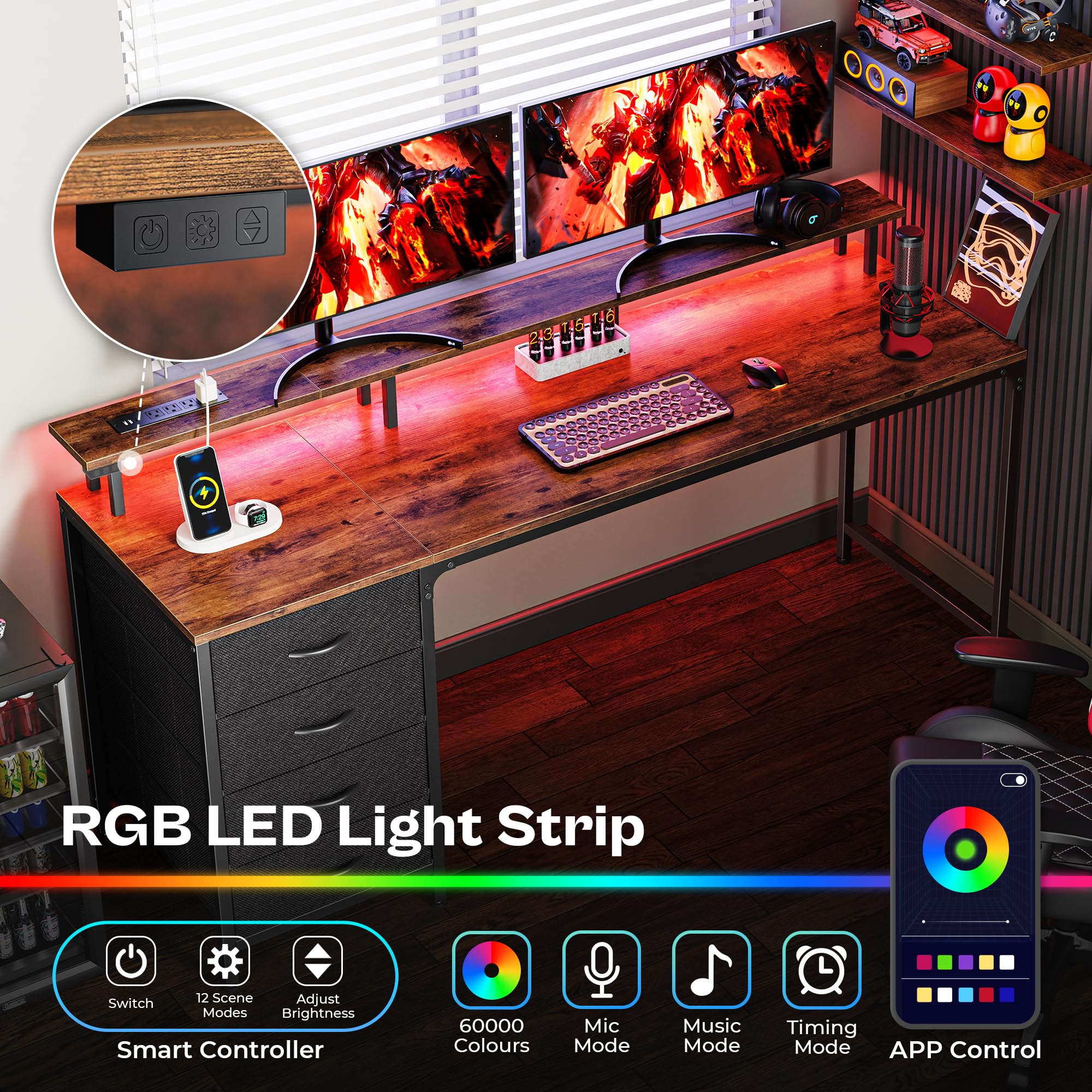 Huuger 47 Inch Computer Desk with Power Outlets and LED Lights, Gaming Desk with 4 Drawers, Office Desk with Monitor Stand, Study Work Home Office, Small Spaces, Black - Flex Gamingproduct_type