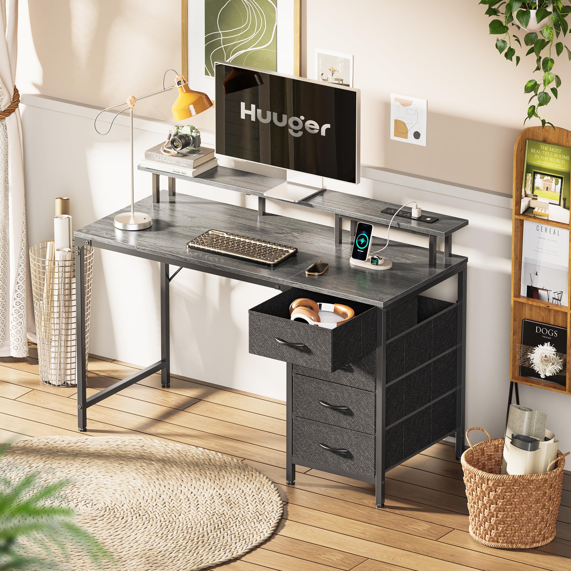 Huuger 47 Inch Computer Desk with Power Outlets and LED Lights, Gaming Desk with 4 Drawers, Office Desk with Monitor Stand, Study Work Home Office, Small Spaces, Black - Flex Gamingproduct_type