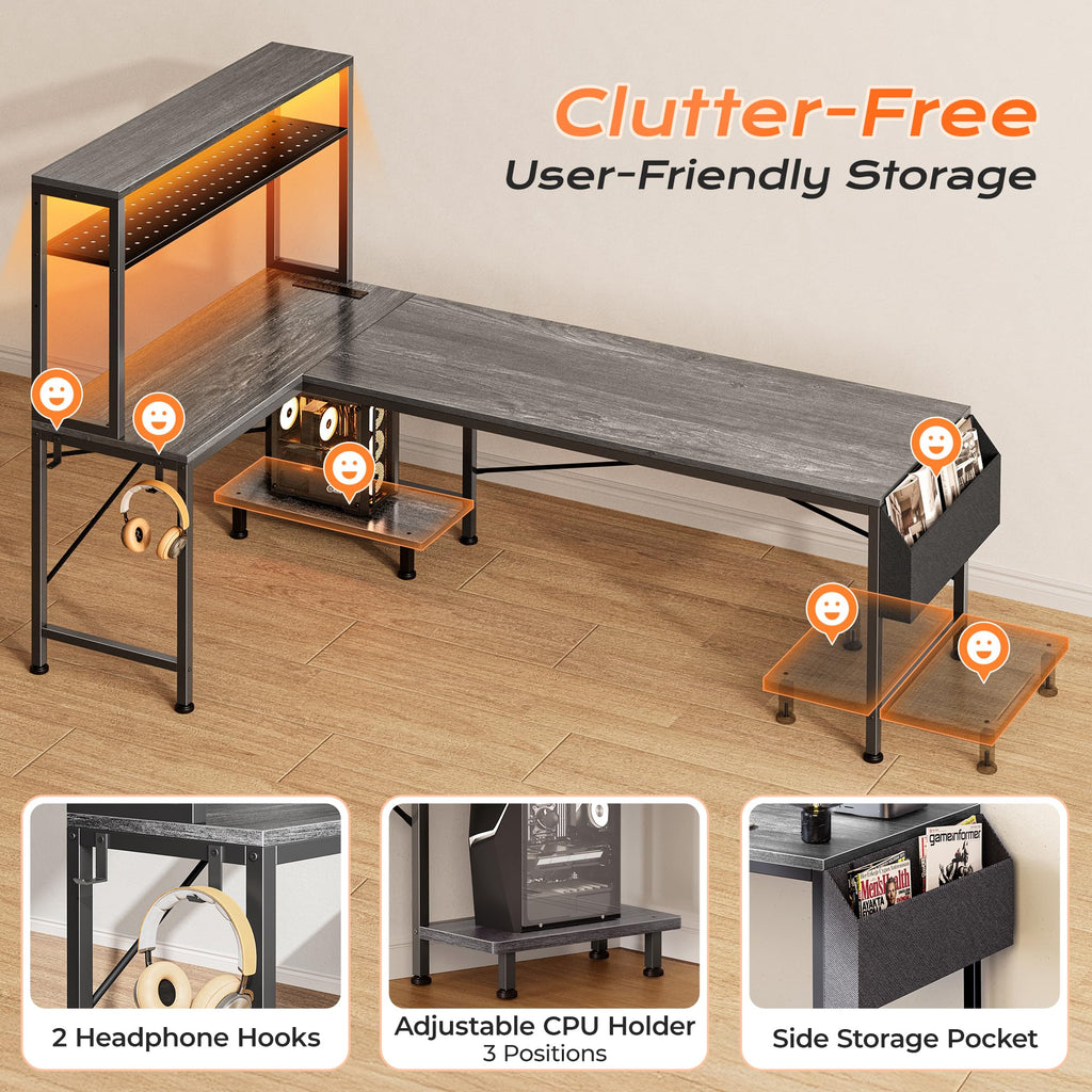 PRAISUN L Shaped Gaming Desk with LED Lights & Power Outlets, Reversible Computer Desk with Storage Shelves & Bag, Large Corner Home Office Desk with Pegboard for Work from Home, Black - Flex Gamingproduct_type