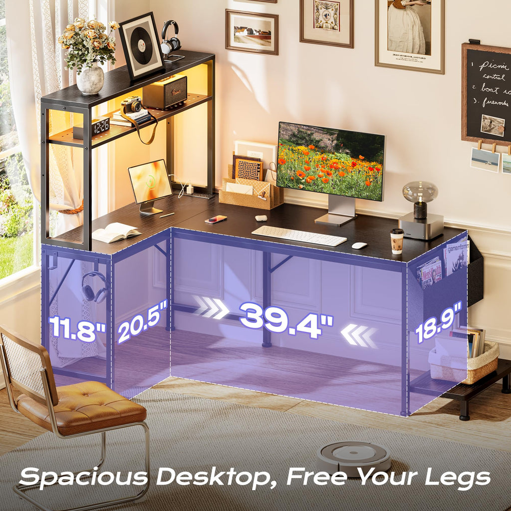 PRAISUN L Shaped Gaming Desk with LED Lights & Power Outlets, Reversible Computer Desk with Storage Shelves & Bag, Large Corner Home Office Desk with Pegboard for Work from Home, Black - Flex Gamingproduct_type