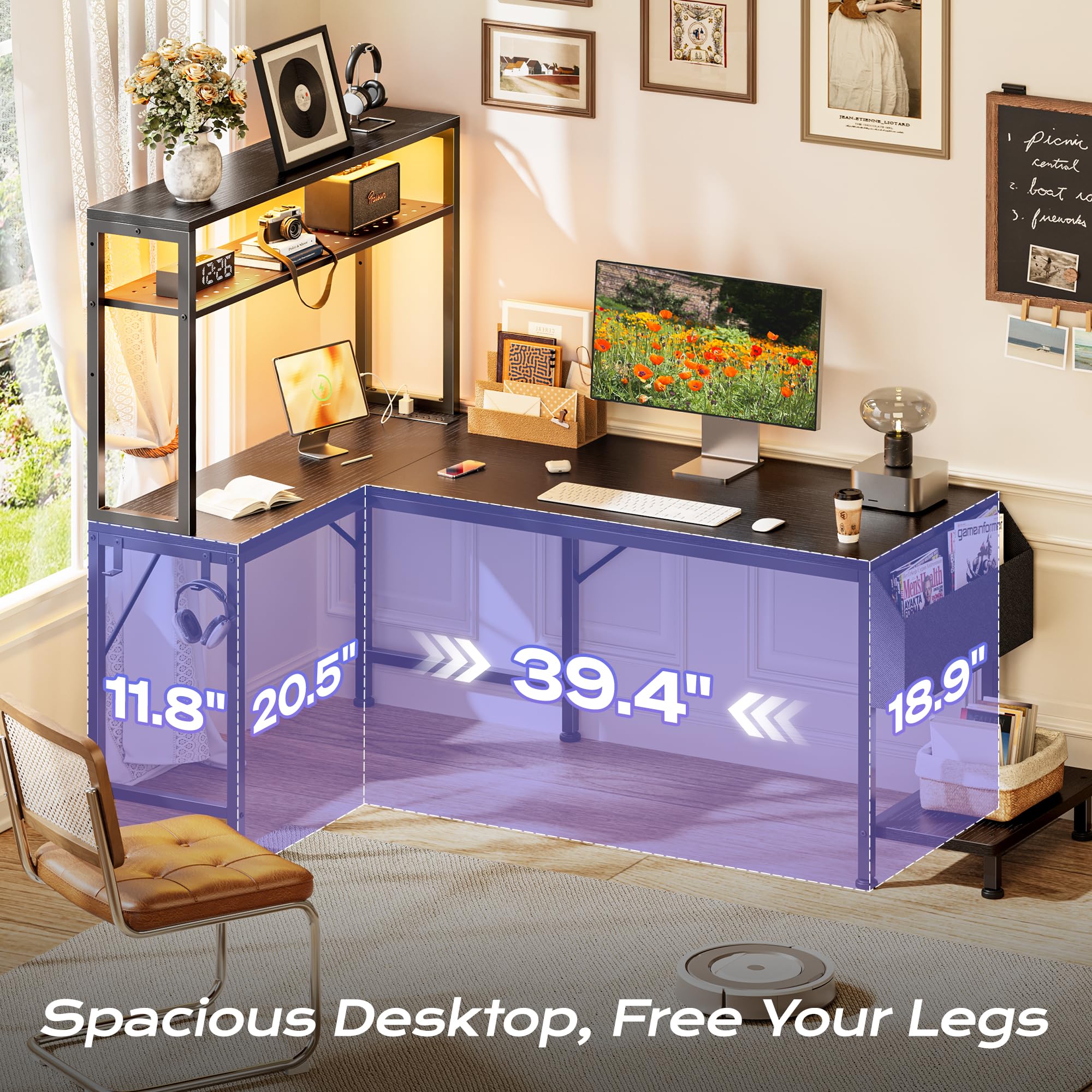 PRAISUN L Shaped Gaming Desk with LED Lights & Power Outlets, Reversible Computer Desk with Storage Shelves & Bag, Large Corner Home Office Desk with Pegboard for Work from Home, Black - Flex Gamingproduct_type