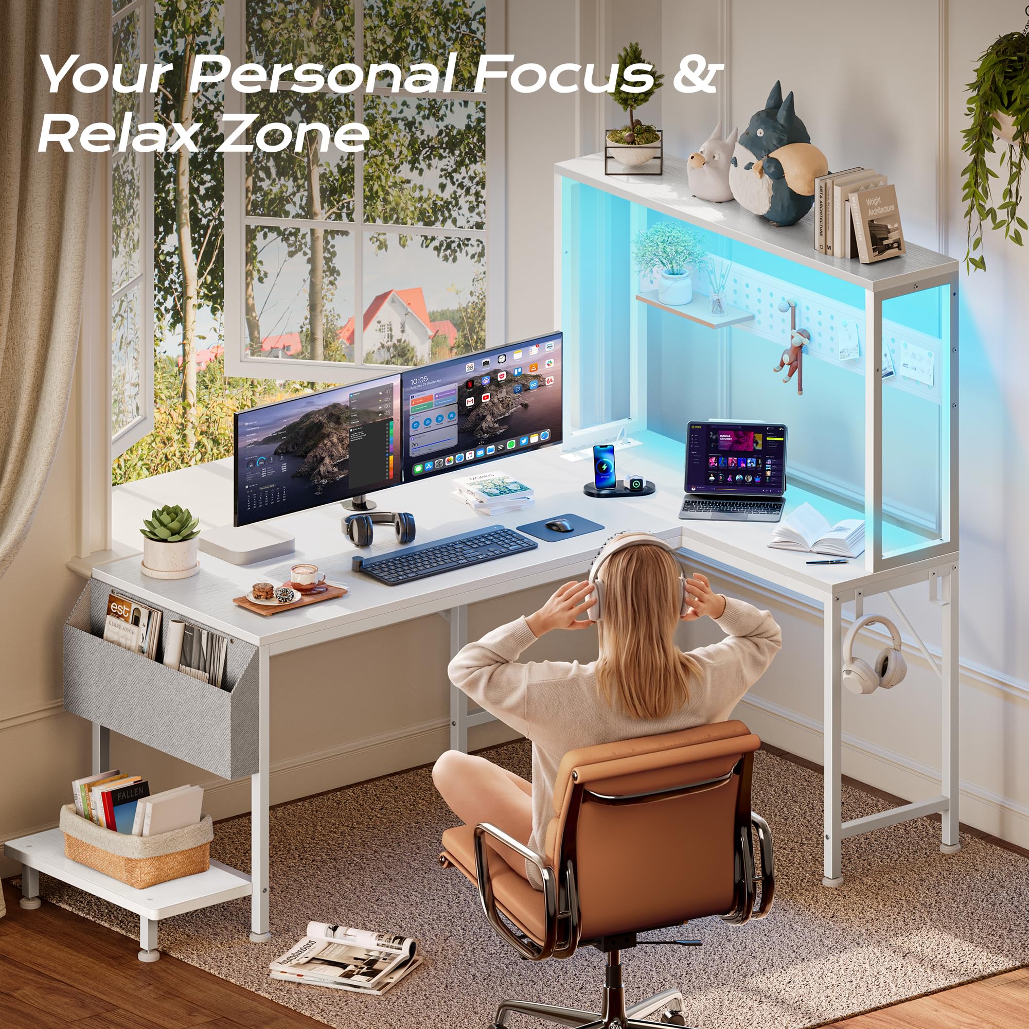 PRAISUN L Shaped Gaming Desk with LED Lights & Power Outlets, Reversible Computer Desk with Storage Shelves & Bag, Large Corner Home Office Desk with Pegboard for Work from Home, Black - Flex Gamingproduct_type