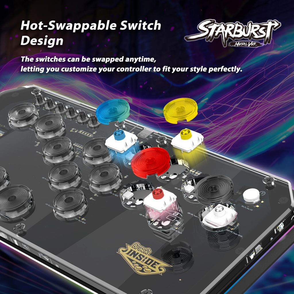 Brook Fighter Starburst Metal Ver. All-Button Arcade Controller for PS5, PS4, Xbox Series X|S, NS, NS2 & PC, Metal Side Handles, Hot-Swappable Switches, RGB Lighting, Officially Licensed (Black) - Flex Gamingproduct_type
