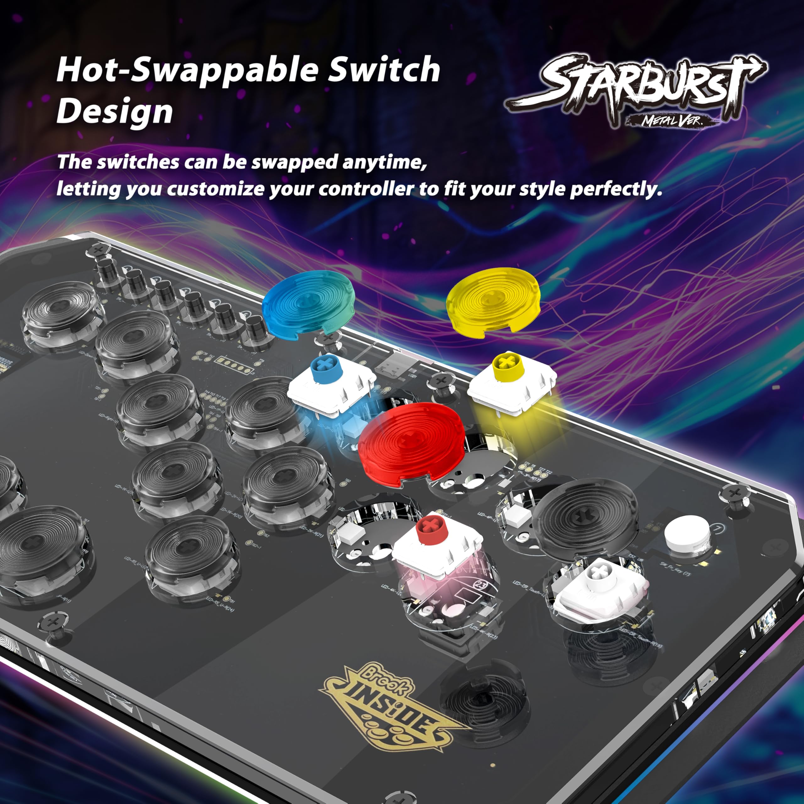 Brook Fighter Starburst Metal Ver. All-Button Arcade Controller for PS5, PS4, Xbox Series X|S, NS, NS2 & PC, Metal Side Handles, Hot-Swappable Switches, RGB Lighting, Officially Licensed (Black) - Flex Gamingproduct_type