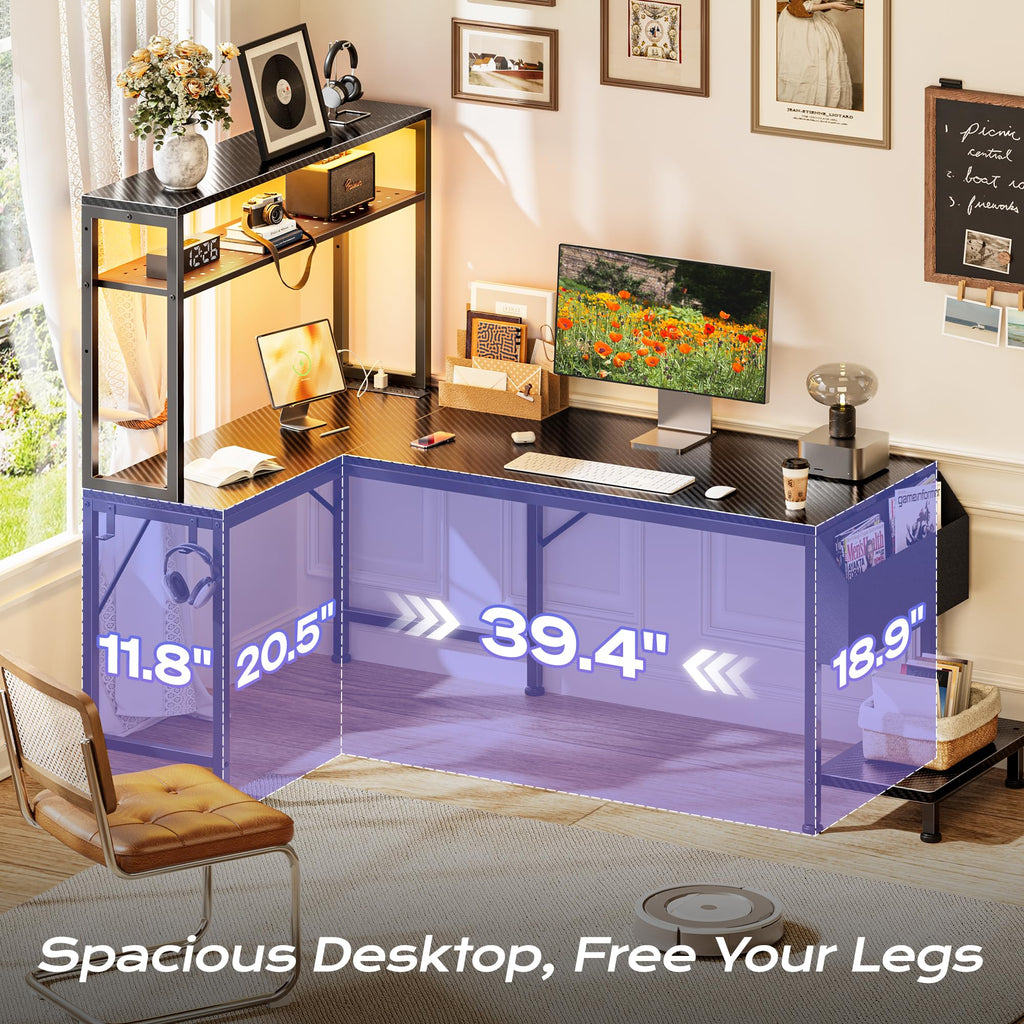 PRAISUN L Shaped Gaming Desk with LED Lights & Power Outlets, Reversible Computer Desk with Storage Shelves & Bag, Large Corner Home Office Desk with Pegboard for Work from Home, Black - Flex Gamingproduct_type
