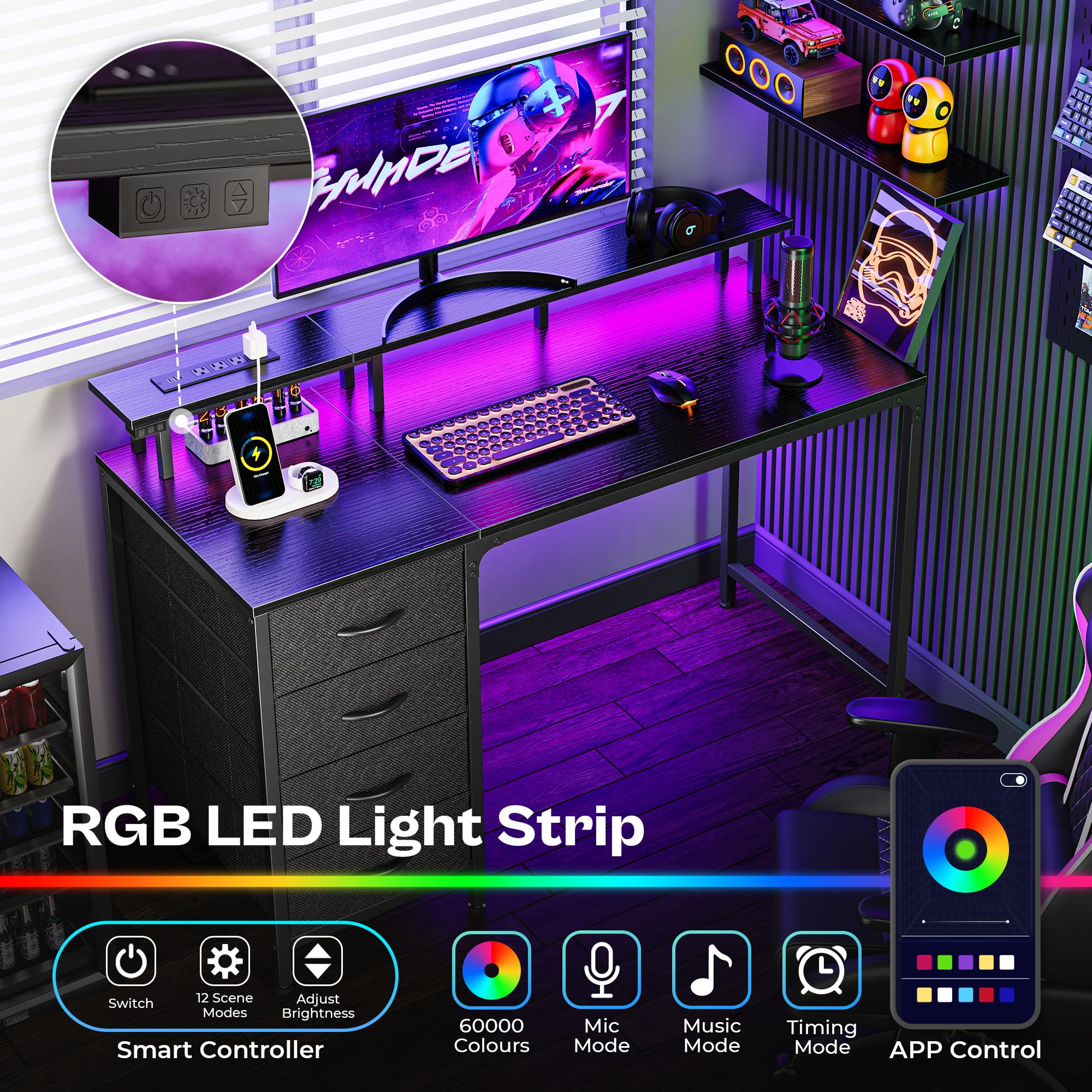 Huuger 47 Inch Computer Desk with Power Outlets and LED Lights, Gaming Desk with 4 Drawers, Office Desk with Monitor Stand, Study Work Home Office, Small Spaces, Black - Flex Gamingproduct_type