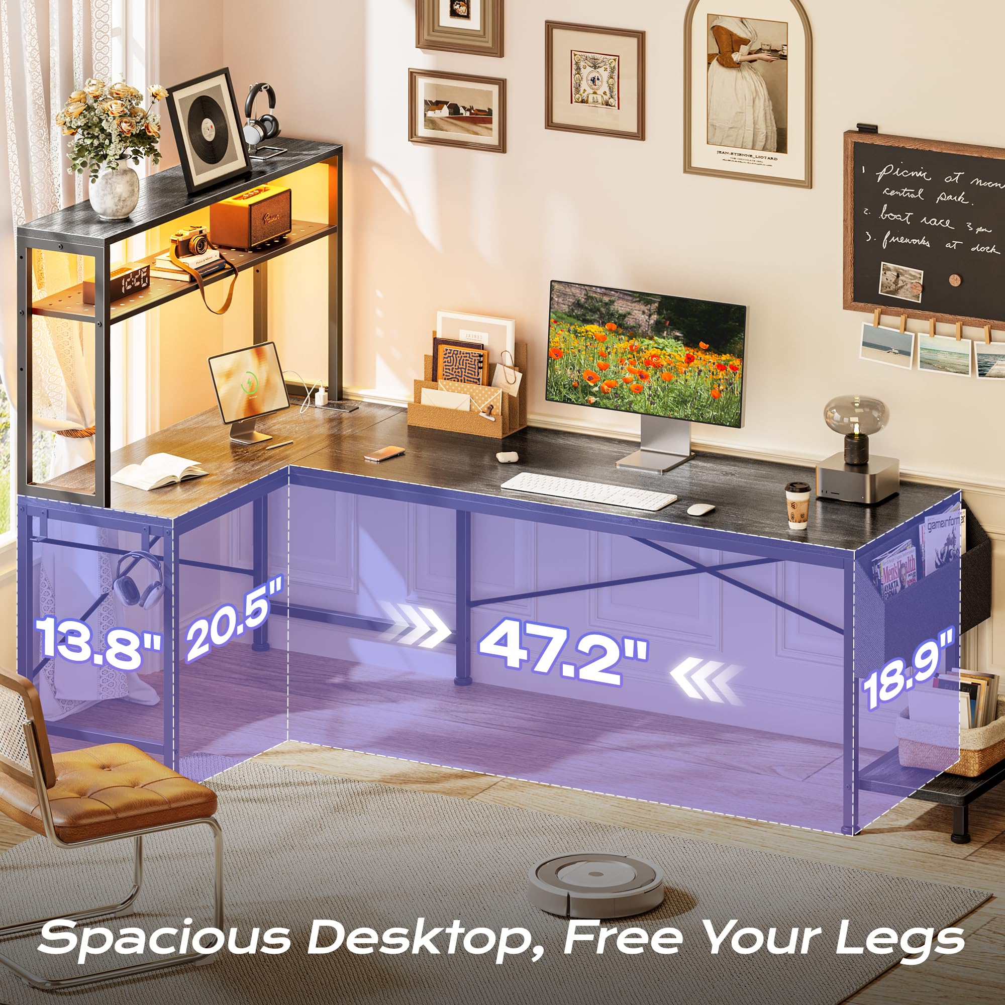 PRAISUN L Shaped Gaming Desk with LED Lights & Power Outlets, Reversible Computer Desk with Storage Shelves & Bag, Large Corner Home Office Desk with Pegboard for Work from Home, Black - Flex Gamingproduct_type
