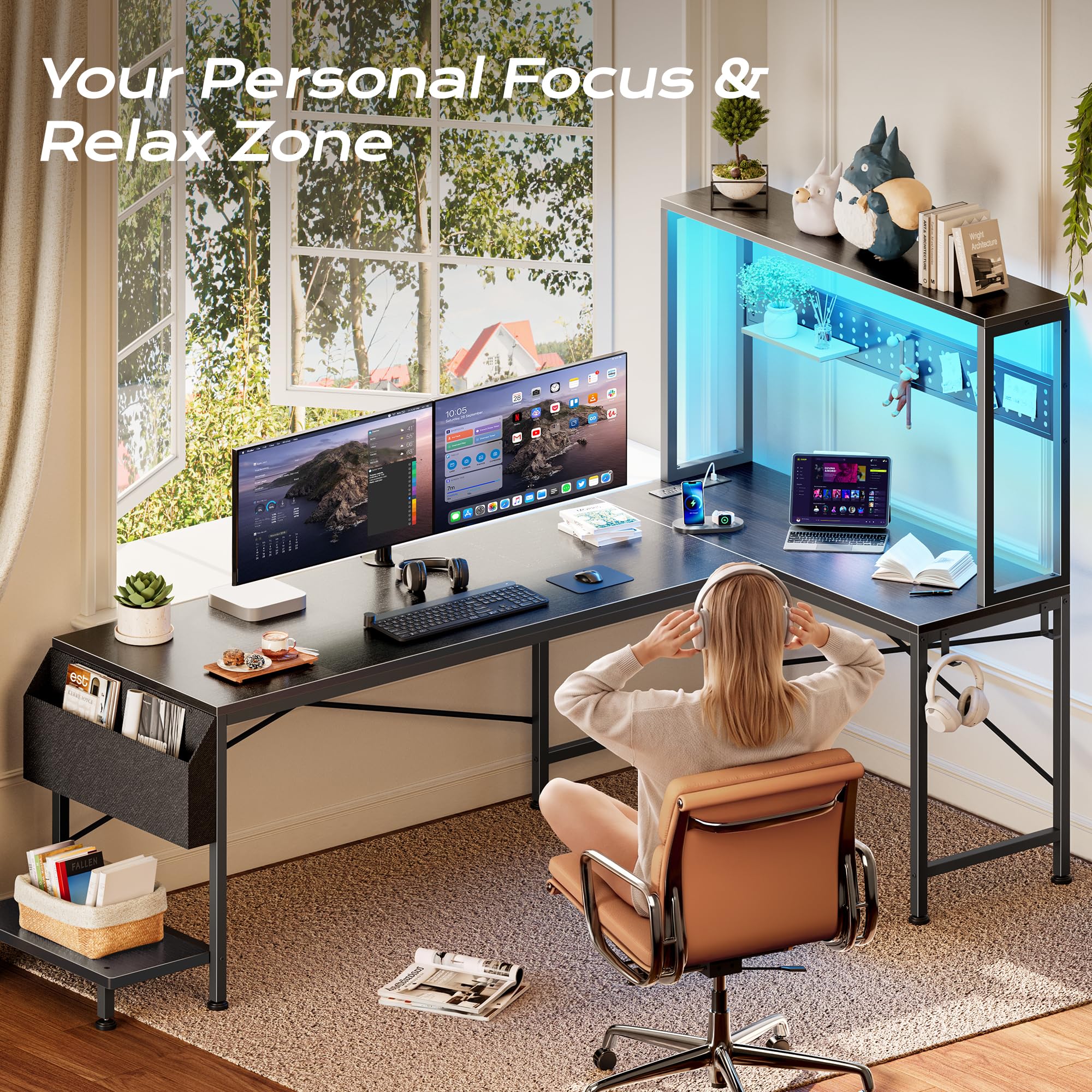 PRAISUN L Shaped Gaming Desk with LED Lights & Power Outlets, Reversible Computer Desk with Storage Shelves & Bag, Large Corner Home Office Desk with Pegboard for Work from Home, Black - Flex Gamingproduct_type