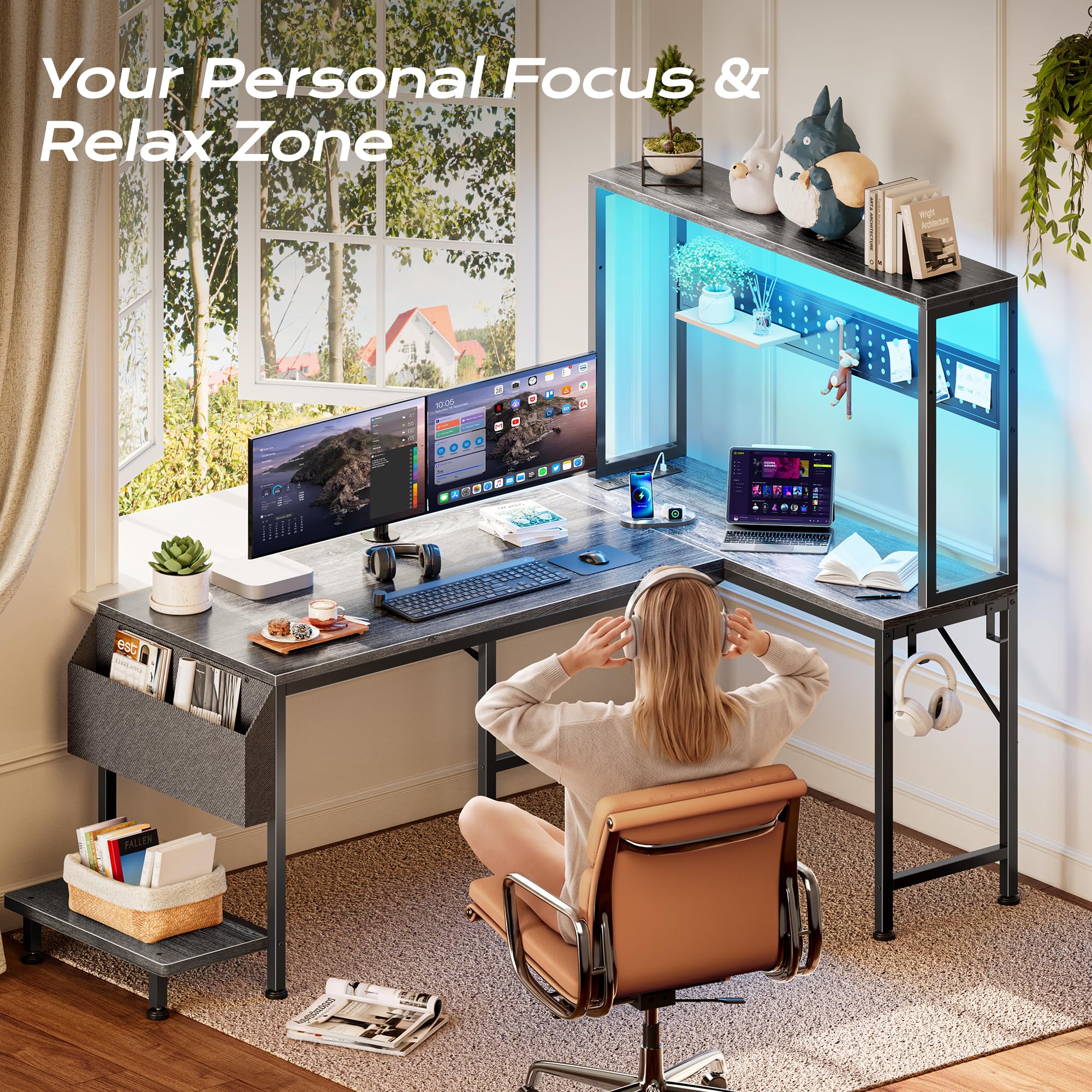 PRAISUN L Shaped Gaming Desk with LED Lights & Power Outlets, Reversible Computer Desk with Storage Shelves & Bag, Large Corner Home Office Desk with Pegboard for Work from Home, Black - Flex Gamingproduct_type