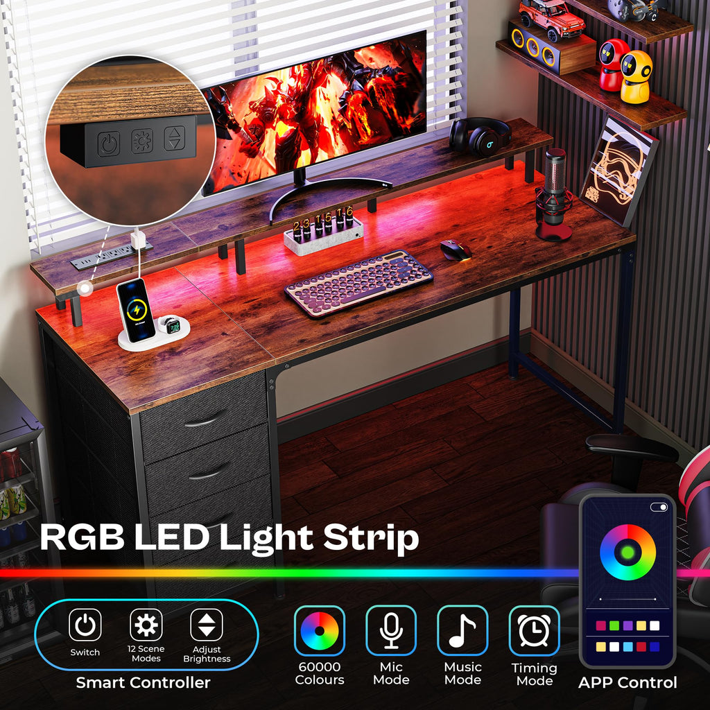 Huuger 47 Inch Computer Desk with Power Outlets and LED Lights, Gaming Desk with 4 Drawers, Office Desk with Monitor Stand, Study Work Home Office, Small Spaces, Black - Flex Gamingproduct_type