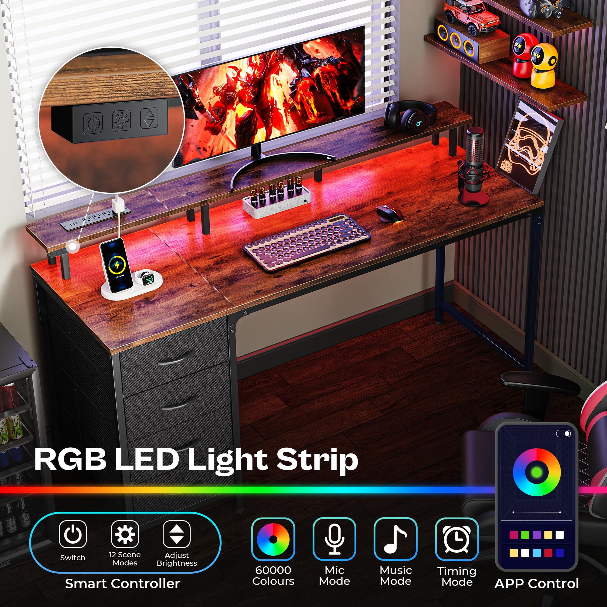 Huuger 47 Inch Computer Desk with Power Outlets and LED Lights, Gaming Desk with 4 Drawers, Office Desk with Monitor Stand, Study Work Home Office, Small Spaces, Black - Flex Gamingproduct_type