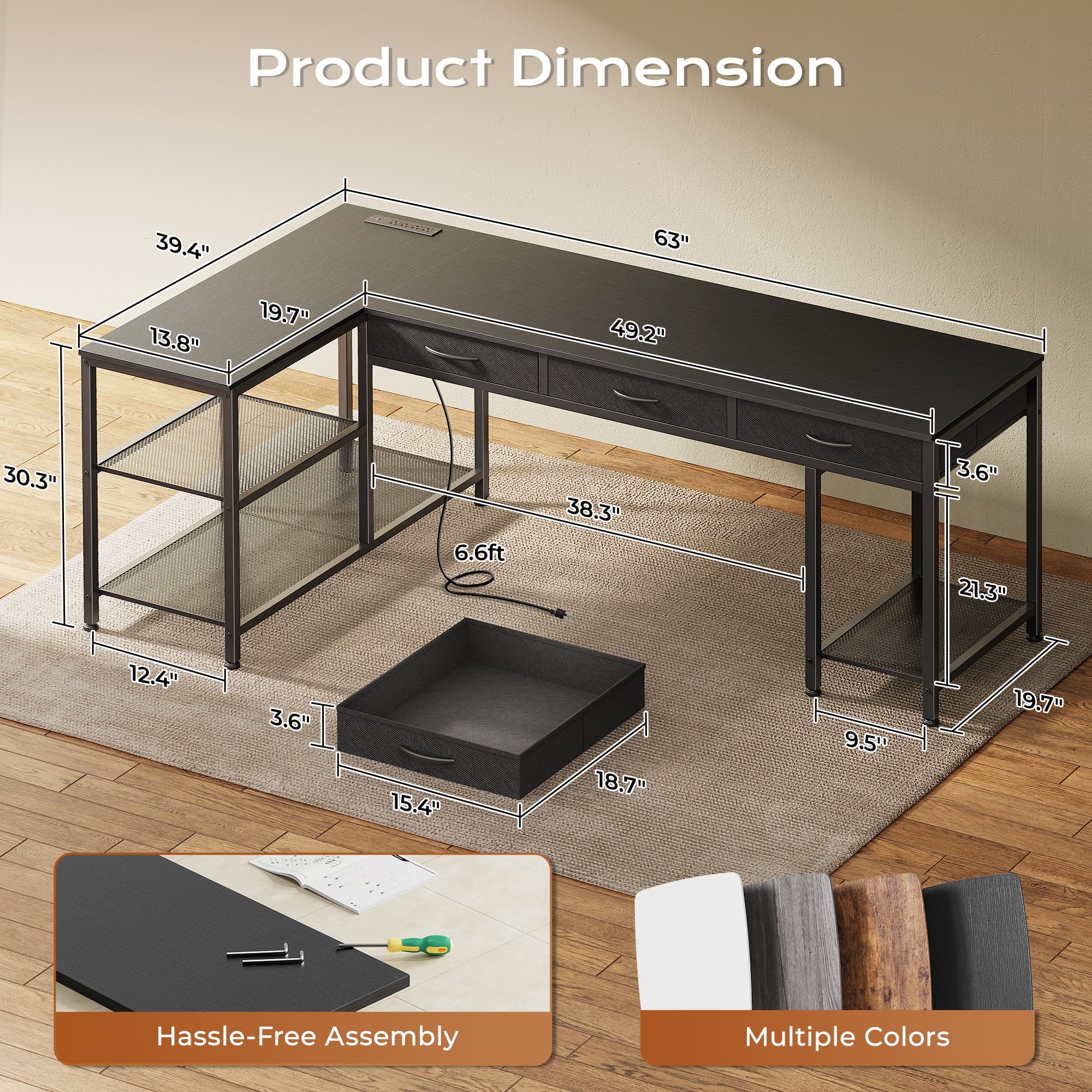 PRAISUN 55 Inch L Shaped Office Desk with Power Outlets and Type-C Port, Large Computer Gaming Desk with 3 Fabric Drawers, Mesh Shelves, Corner Study Work Writing Desk, Rustic Brown - Flex Gamingproduct_type