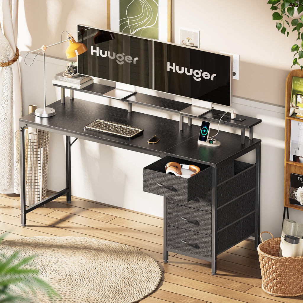 Huuger 47 Inch Computer Desk with Power Outlets and LED Lights, Gaming Desk with 4 Drawers, Office Desk with Monitor Stand, Study Work Home Office, Small Spaces, Black - Flex Gamingproduct_type