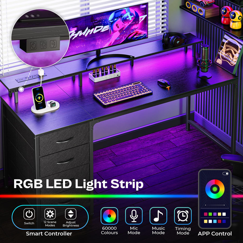 Huuger 47 Inch Computer Desk with Power Outlets and LED Lights, Gaming Desk with 4 Drawers, Office Desk with Monitor Stand, Study Work Home Office, Small Spaces, Black - Flex Gamingproduct_type
